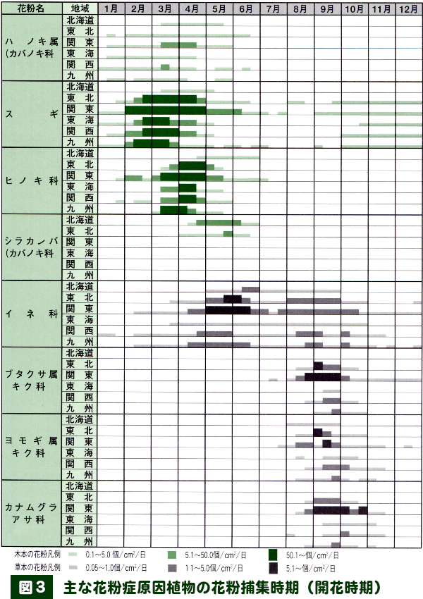 図３　主な花粉症原因植物の花粉捕集時期（開花時期）