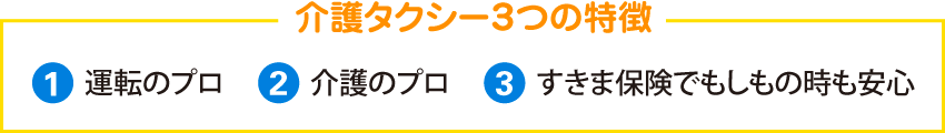 介護タクシー3つの特徴(1)運転のプロ(2)介護のプロ(3)すきま保険でもしもの時も安心
